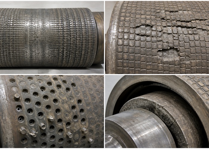 Common wear patterns on roller press roller shells – uneven wear, cracks, and stud damage